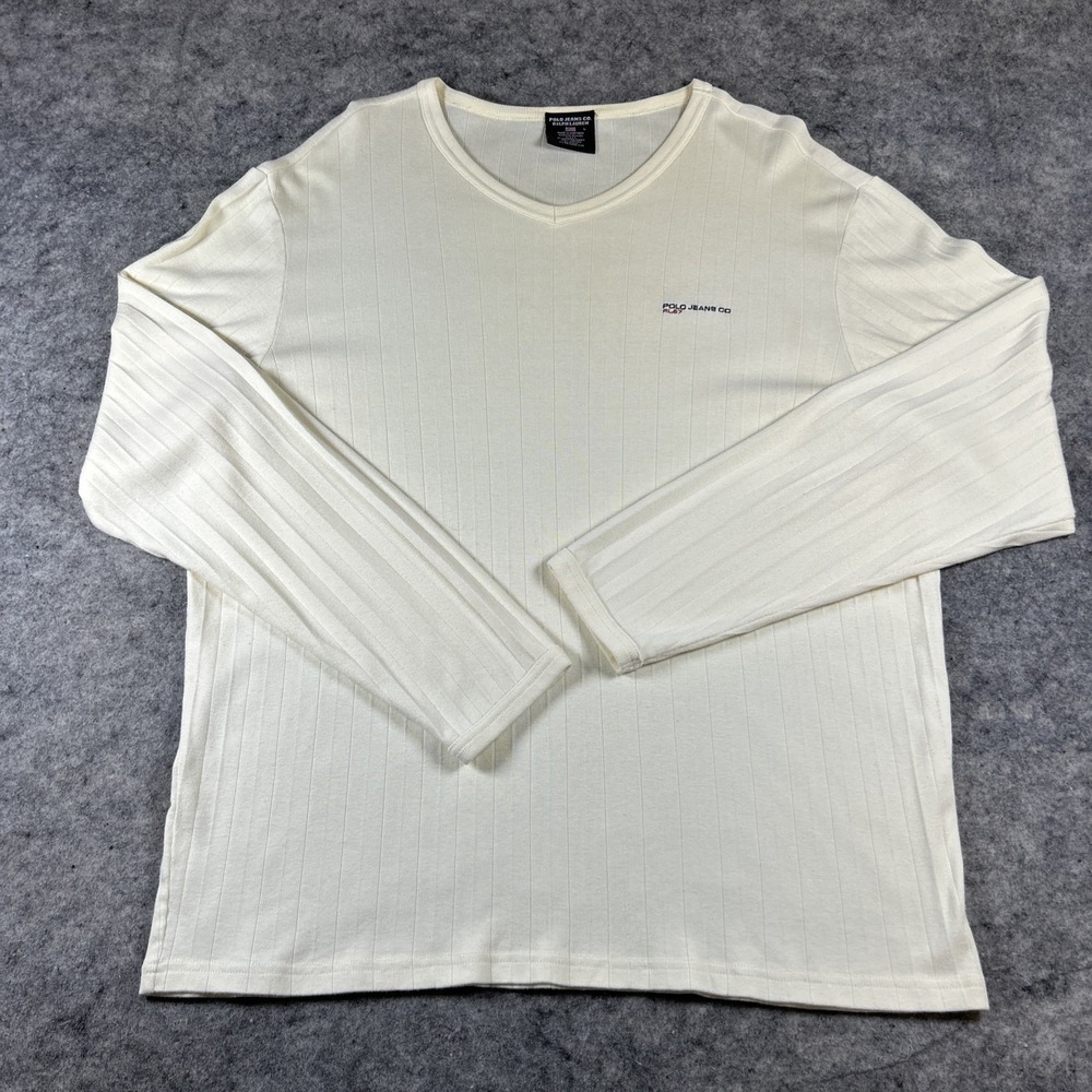 Vtg Polo‎ Jeans Co Ralph Lauren Long Sleeve Shirt Men's Large Cream Ribbed Logo